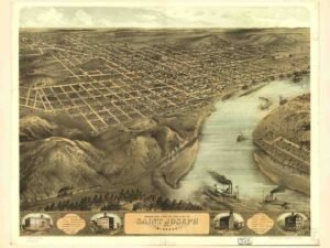 Antique, Vintage, Saint Joe, Cartography, Aerial, Nostalgia, Birds Eye, Historic, Cityscape, Map, Riverfront, Retro, Panoramic