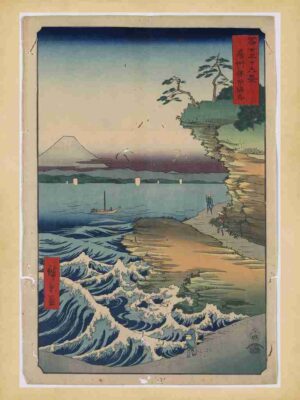 Coastal Scene, Kaigan, Sea View, Seaside View, Sunset, Japanese Art, Japanese Design, Horizon, Sea Art, Shore, Nature Print, Hota No Kaigan, Mt Fuji, Ocean, Waterfront View, Waves, Coastal Art, Ocean Scene, Boush, Boushu, Village, Seaside, Japanese Print, Hota, Beach"