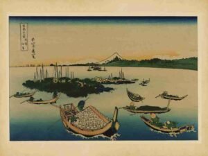 Vintage, Tsukuda, Perspective, Dance, Print, Beautiful, Ukiyoe, Kimono, Japanese, Buyo, Woodblock, Kabuki, Traditional, Tradition, Harbor, Japan, Geisha, Edo, Fine, Boats, Dancers, Culture"