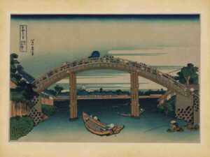 Vintage, Print, Ukiyoe, River, Landscape, Artwork, Architecture, Woodblock, Traditional, Blue, Bridge, Japan, Edo, Reflection, Asia, Red, Scenic, Period, Culture"