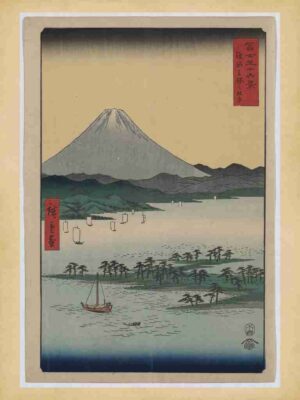 Hiroshige, Vintage, Suruga, Ukiyoe, Landscape, Travel, Artwork, Woodblock, Traditional, Miho, Pine, Blue, Waves, Tree, Japan, Seascape, Summer, Sea, Edo Period, Scenic, Matsubara, Shoreline, Culture"