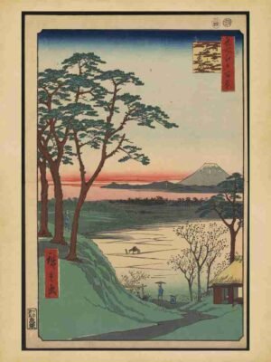 Monochrome, Vintage, Ink, Hanging Art, Wall Art, Sun, Woodblock, Street, Traditional, Flower, Tea, Geometric, Tree, Bridge, Water, Japan, Jijigachaya, Village, House, Town, Spring, Minimalist, Unique Gift, Meguro"