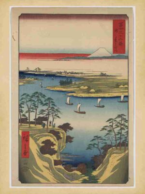 Monochrome Art, Nature, Print, Japanese Art, Japanese Design, Tonegawa, River, Nature Print, Landscape, Konodai Print, Cherry, Japanese River, Countryside, Blossoms, Linocut Print, Reflections, Japan, Seasons, Village, Minimalist Art, Japanese Print, Mountains, Asian Decor, Japanese Culture, Konodai"