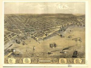 Old, Antique, Pictorial Map, Vintage, Panoramic View, Coastal City, Lakefront, Handdrawn, Birds Eye, Historic, Downtown, Local History, Midwest