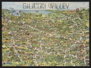 Silicone Valley Map, Computing Art, 1990S Poster, Old Pc Advert, Old Apple Poster, Geek Art, Old Map California, Pictoral Map, Usa Pictoral Map, Apple Computers, Ibm Poster, Think Different Ad, Framed Poster, Vintage, 1980S, Silicon Valley, Map Poster, Tech Boom, Early Tech, Illustrations, Historic Map, Retro Tech, Wall Art, Technology History, Cartography, Silicon Valley History, Collectible Poster, Vintage Decor