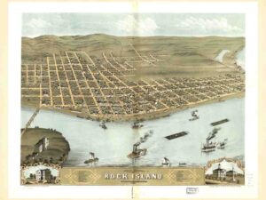 19th Century, Antique Print, Map, Landmark, Midwestern, Architectural, River Town, Rock Island Map, Town Plan, Street Names, Illinois Map, River View, Panoramic